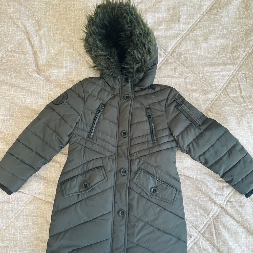 Diesel Girls Hooded Puffer Coat with Faux Fur Trim - Olive Green